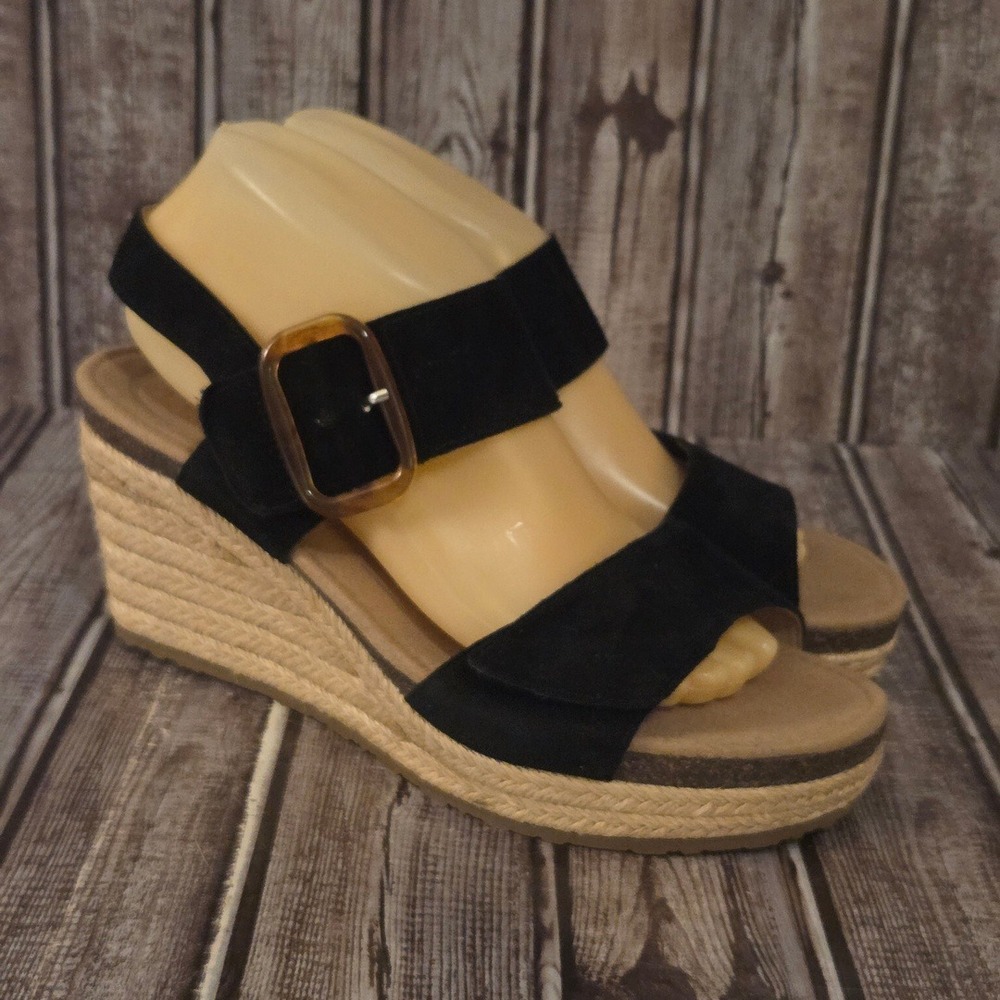 Sz 40 / 9-9.5 Aetrex Ashley Black Leather Espadrille Wedge Sandals Excellent